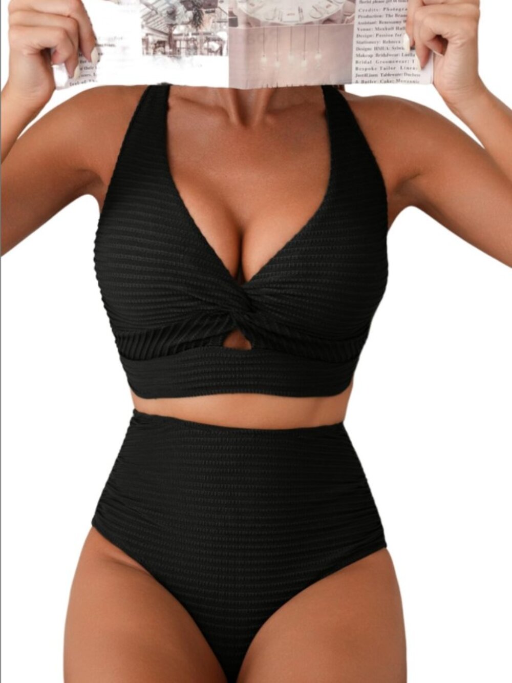 Herseas Womens Black Bikini Sets 2 Piece Twist Front Textured Swimsuits M
